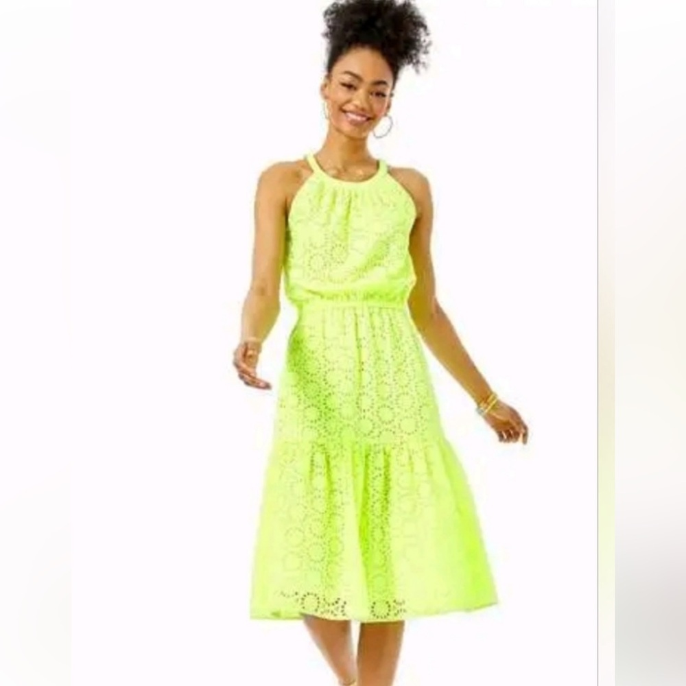 Lilly Pulitzer Eyelet Midi Dress Size M Highlighter Yellow